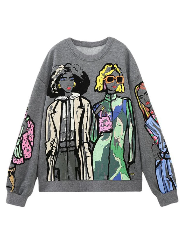 

Spring New Women's Fashion Versatile Girls Printed Pullover Round Neck Long-Sleeved Lazy Loose Sweater