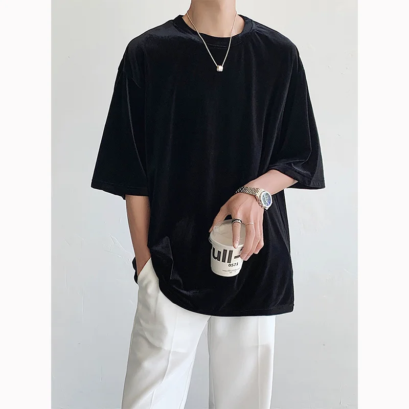 

Summer Short Sleeve T-shirt Men Fashion Casual Oversized Velvet Tshirt Men Streetwear Korean Loose Round Neck T Shirt Mens Top