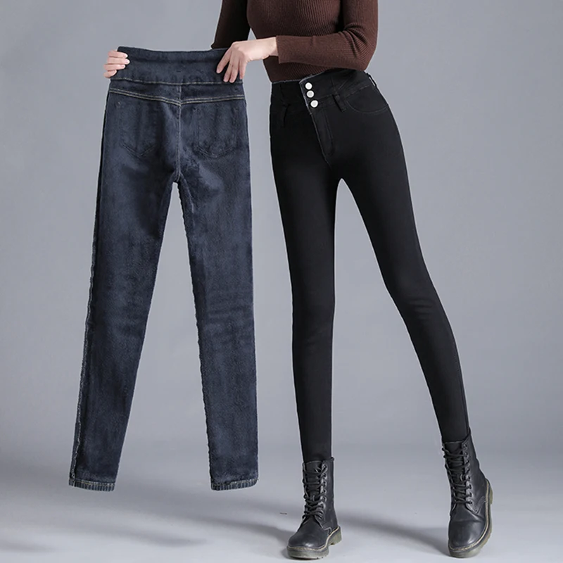 Зимние плотные теплые облегающие джинсы женские флисовые эластичные Простые