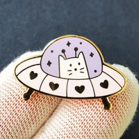 cartoon alien abduction ufo cat kitty enamel brooch pin brooches lapel pins alloy metal badge denim jacket jewelry accessories