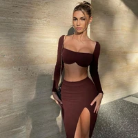 zoctuo elegant y2k outfit 2 piece set long sleeve backless crop top side slit high waist bodycon maxi skirts matching suit club