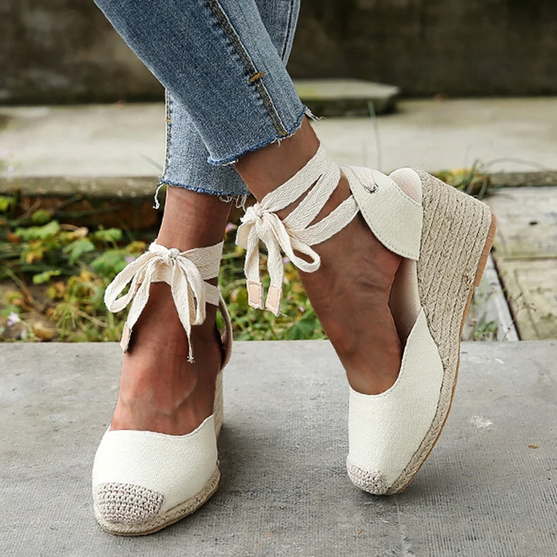 New Women's Wedges Espadrilles Sandals Summer 2023 Ankle Strap Gladiator Sandalias Woman Plus Size Hemp Bottom Casual Shoes