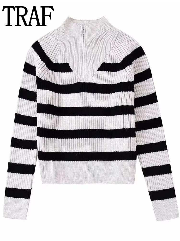 

TRAF Striped Knitted Sweater Women Long Sleeve Cropped Sweater Woman Autumn Winter 2022 Crewneck Zip Sweaters Jersey Pullover