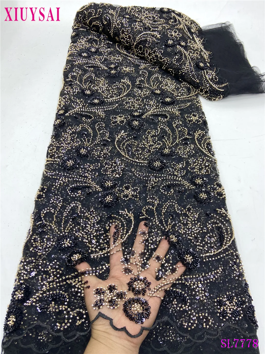 

Luxury African Lace Fabric 2024 High Quality Sequins Beads Lace Fabrics For Nigerian Wedding French Tulle Lace Fabric