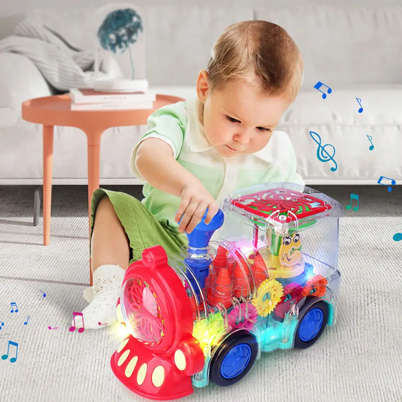 

High quality children's electric universal gear train electric train toy with sound and light transparent locomotive fidget toy