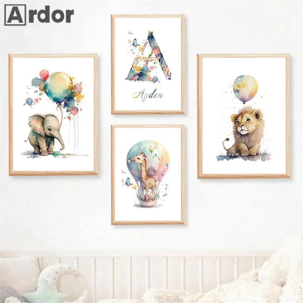 

Elephant Lion Canvas Posters Custom Name Wall Art Print Hot Air Balloon Giraffe Painting Nursery Poster Pictures Kids Room Decor