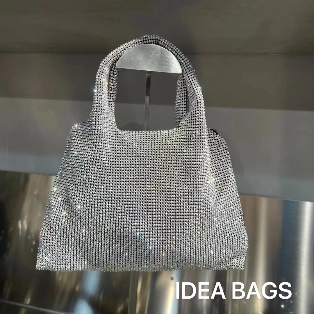 

Luxury Bling Shiny Rhinestone Diamond Bucket Bag Crystal Silver Evening Bag Dinner Party Clutch Purse Women Handbag Shoulder Bag