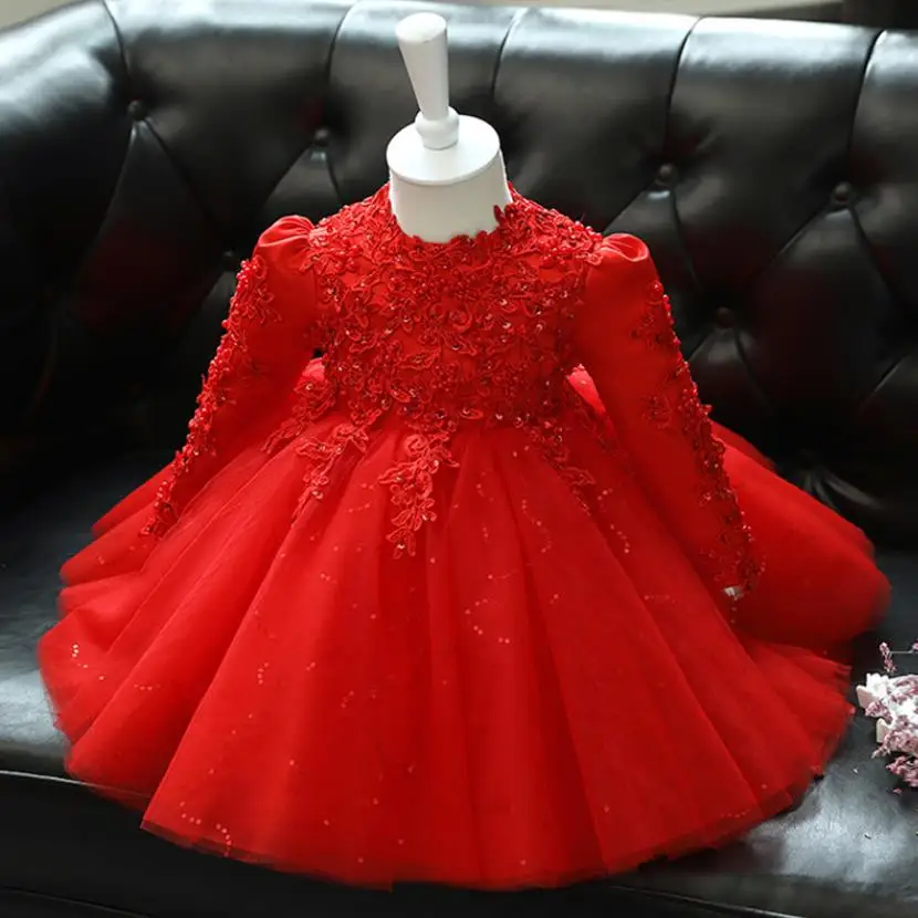 

Красное свадебное платье для маленьких девочек с длинным рукавом, рождественские платья принцессы для новорожденных девочек, кружевное де...