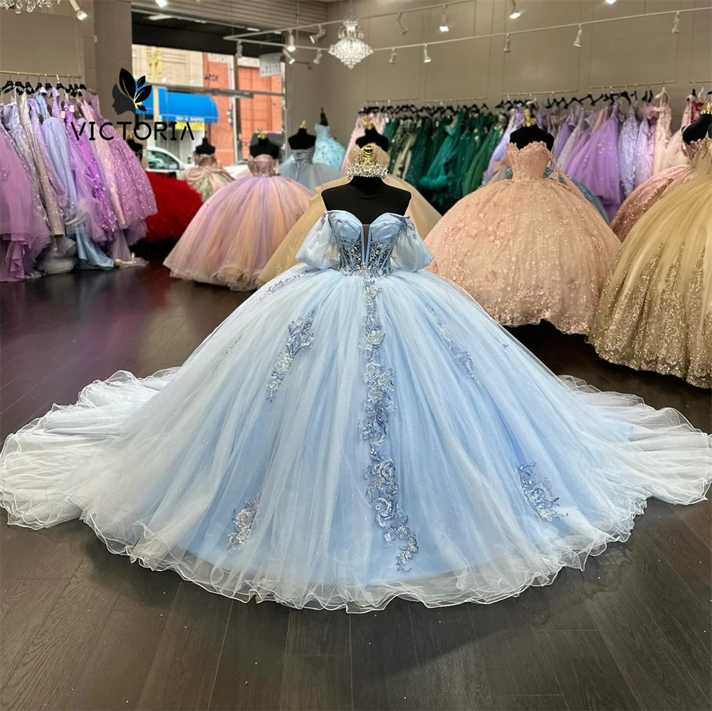 Детское Голубое Кружевное Платье 15 дюймов с аппликацией и открытыми плечами