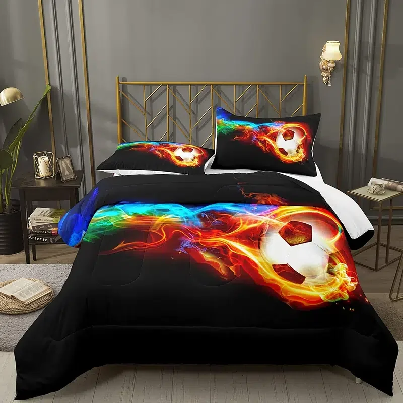 

2/3pcs Football Comforter Set With Fire And Ice Pattern Soft Microfiber Sports Bedding Set Soccer Comforter Set With Matching Pi