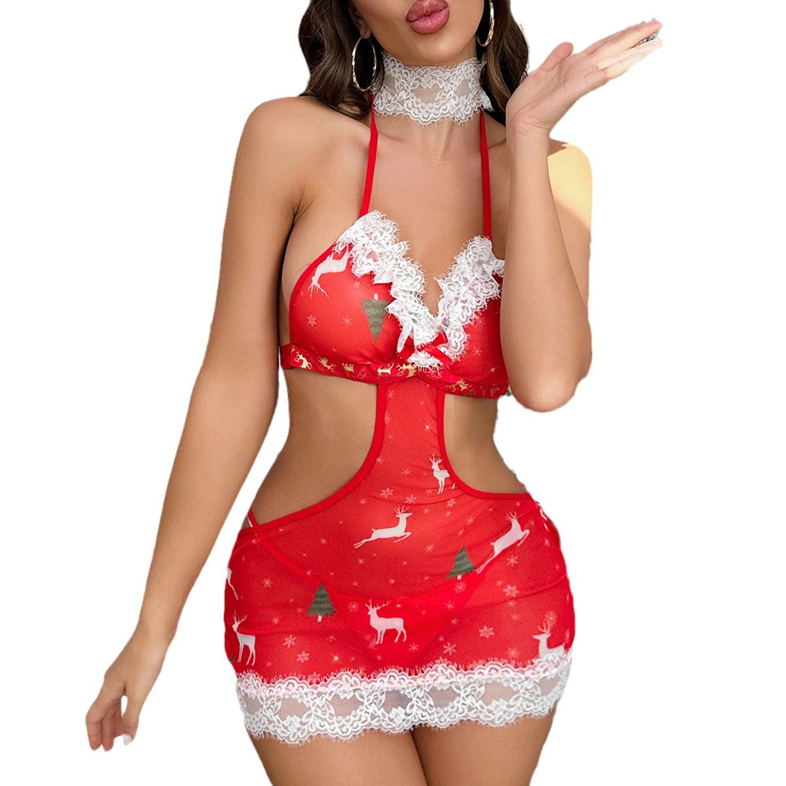 

Womens Christmas Sexy Lingerie Set New Year Xmas Santa Claus Nightwear Clubwear White Trim Push Up Bra Thong Bodysuit Mini Skirt
