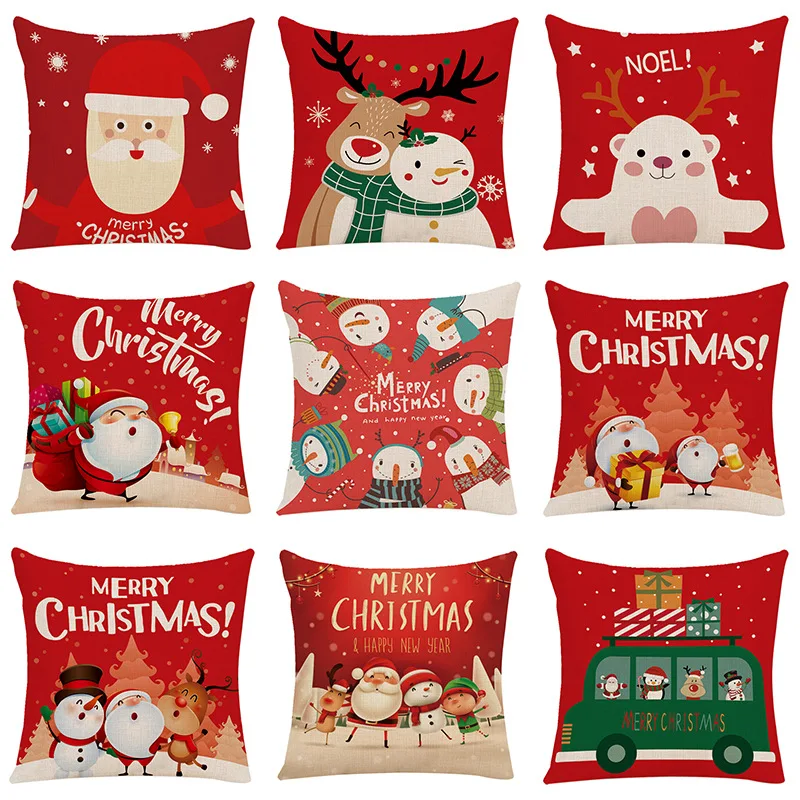 

Merry Christmas Cushion Cover Red Christmas Printed Decorative Cotton Linen Pillow Covers Sofa Home Bedroom Decoration Pillowcas