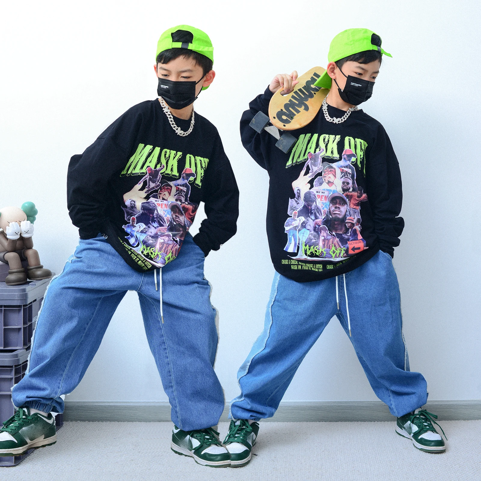 

Children'S Street Dance Black Sweater Denim Trousers Suit Boys Hip Hop Performance Clothing Girls Jazz Dance Costumes DQS9109