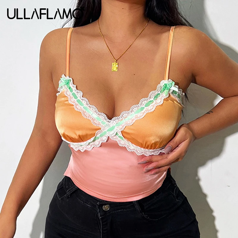 

Lace Corset Tops Women Sling Camis Stitching Contrast Color V-Neck Backless Crop Top Street Y2k Top Female Clothing Sexy Bustier