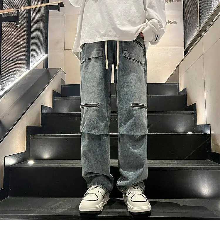 Джинсы оверсайз на молнии рабочая одежда прямые свободные мужские брюки в