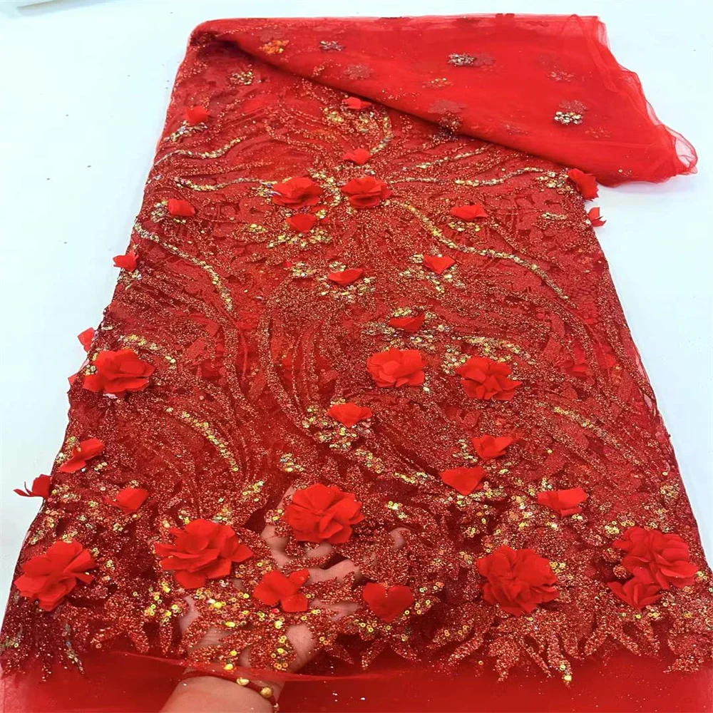 Африканская кружевная ткань с 3D цветами и блестками 5 ярдов 2024