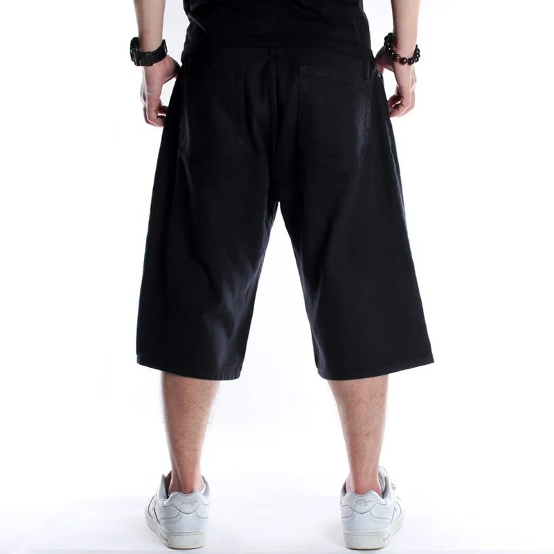 Summer Men's Wide Leg Denim Shorts Loose Straight Skating Pure Black Shorts Middle Pants Jeans Plus Size