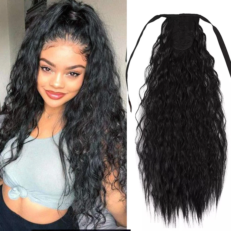 

Long Wavy Curly Pony Tail Hair Fluffy Synthetic Hairpiece For Women Black Brown Drawstring Corn Wavy Clip In Ponytail Extension