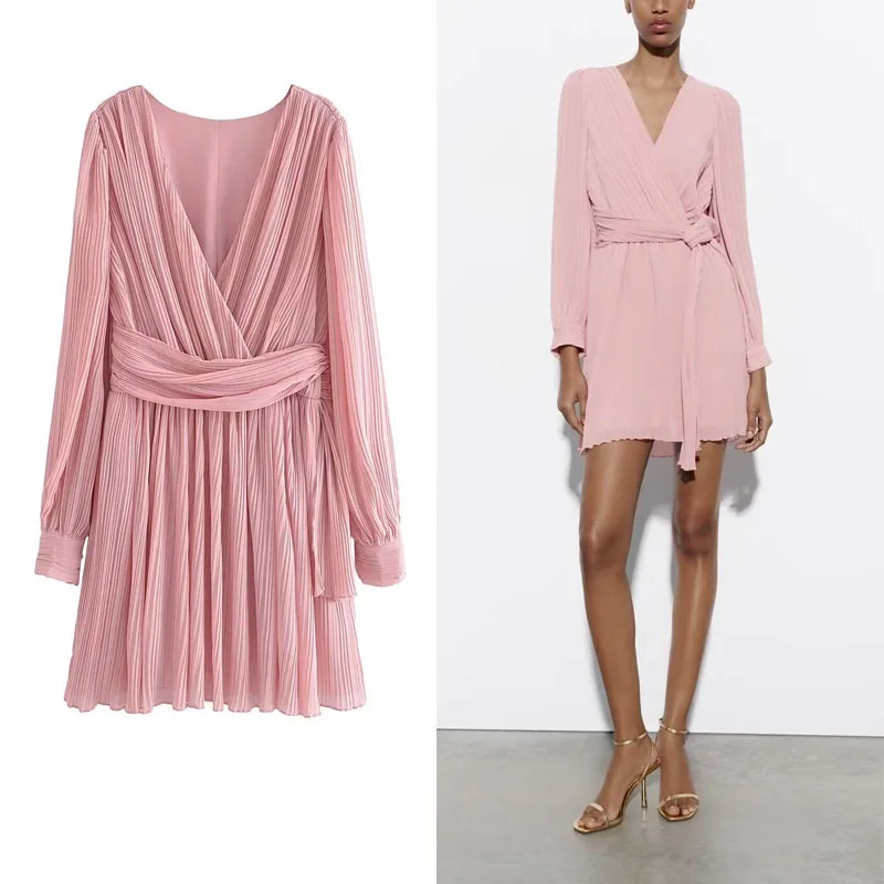 

TRAF Women Pink Pleated Mini Dresses V Neck Long Sleeve Waistband Dresses Fashion Waist Slimming Dress Elegant Mujer