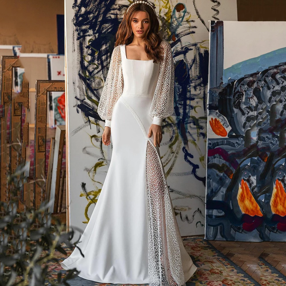 

Chenxiao Mermaid Wedding Dress Sexy Square Neck Long Sleeves Bridal Gowns Elegant White Brides Dress Vestido De Novia