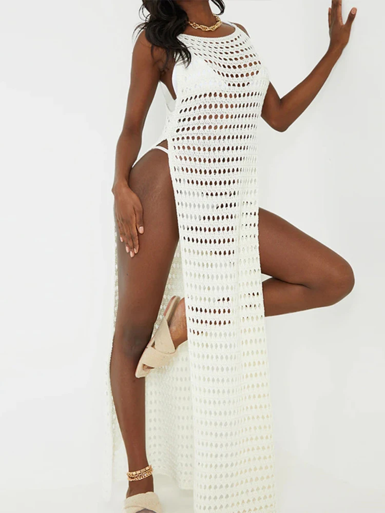 

Женское трикотажное платье без рукавов OMSJ, пикантное длинное платье с открытой спиной, прозрачное пляжное платье с высоким разрезом, 2023
