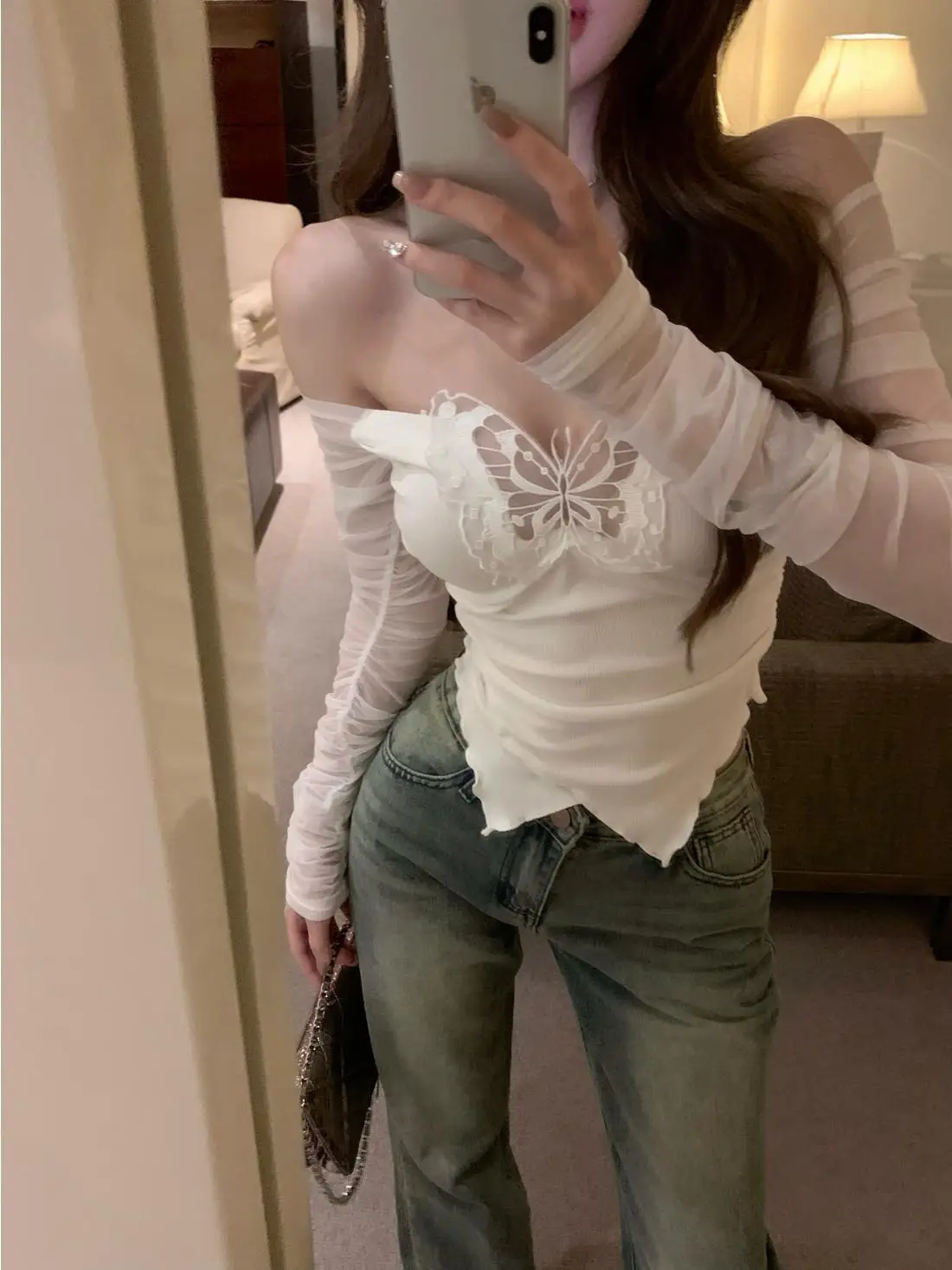 

Pure Desire Little White Rabbit Butterfly Embroidery Hollow Mesh Stitching Irregular Hem Waist Elastic Nightclub Sexy Girl