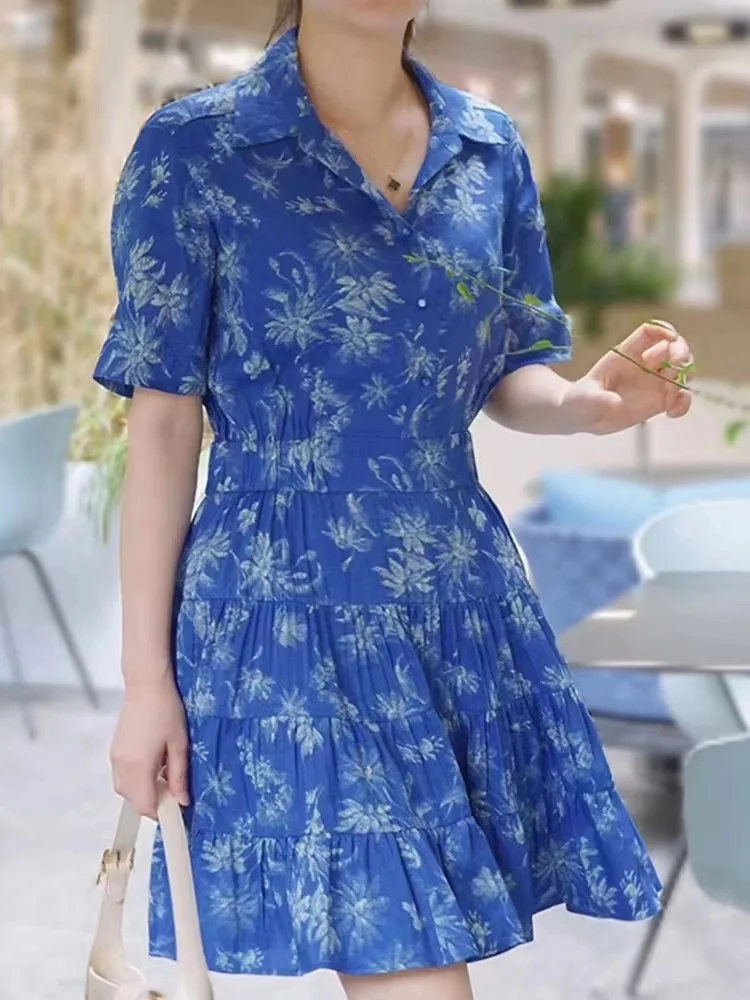 

2023 Early Autumn New Lapel Print High Waist Dress