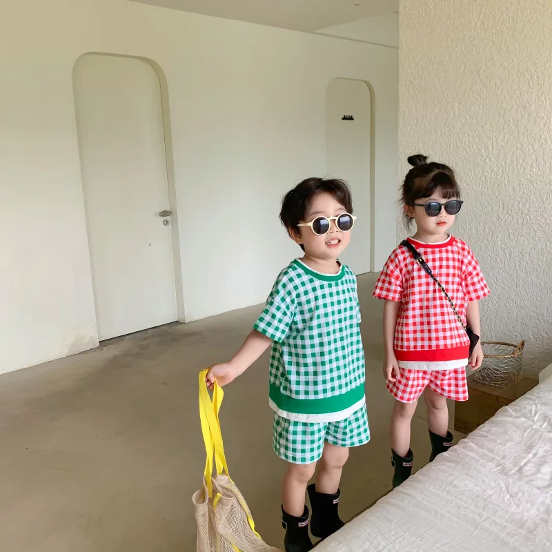 

Korean Style Boys and Girls Summer Fashion Patchwork Plaid 2pcs Sets Brother and Sister Outfits Cotton Clothing