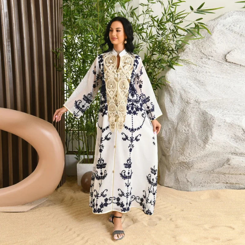 Middle East Womens Muslim Evening Dress Mesh Embroidered Decal Robe Elegante Femme Abaya Dubai Vestidos Largos Moroccan Kaftan