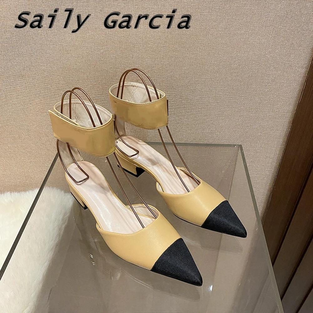 

Mixed Color Pointed Toe Shallow Sexy Lady Pumps 2023 Summer New Grace Party Sandals Matte Ankle Belt Low Heel Shoes