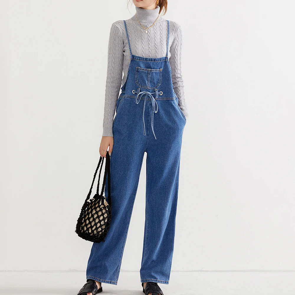 

Женский Длинный свободный комбинезон с карманами, повседневные однотонные брюки на шнуровке, одежда в Корейском стиле, длинные джинсы