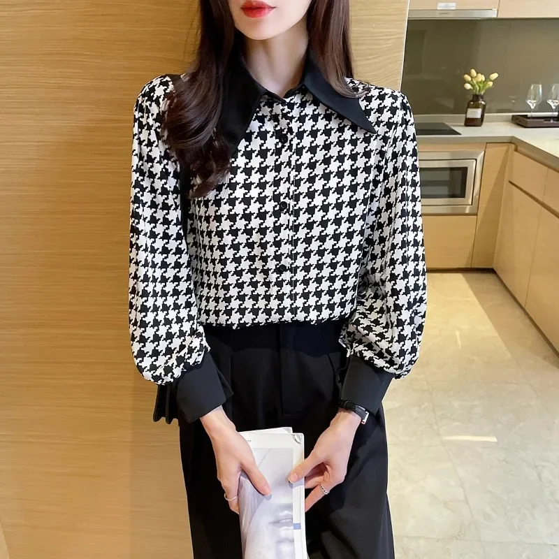 

Chiffon Plaid Casual Women's Shirt Loose Fashion Houndstooth Blouses Ladies Clothing Full Spring/Summer Polo-neck Tops YCMYUNYAN