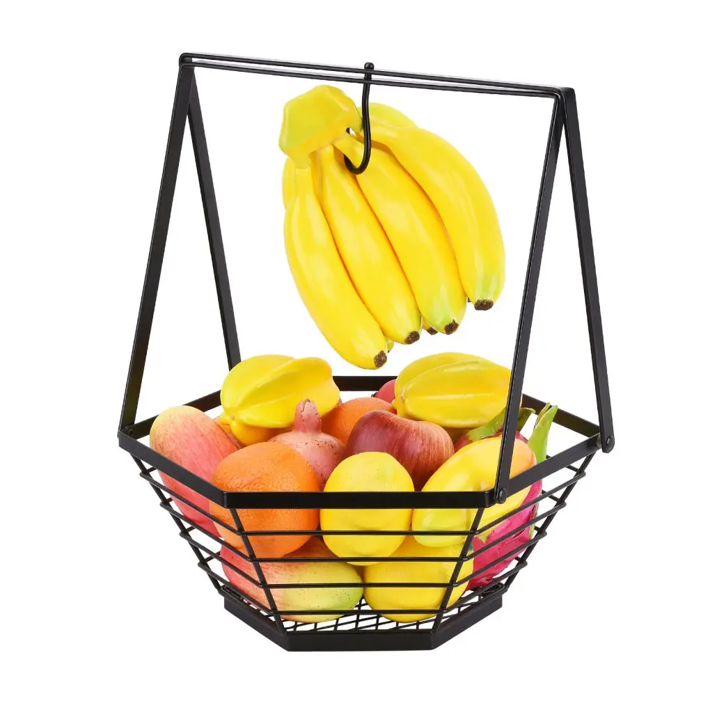 

Fruit Basket Metal Desktop Fruit Bowl Kitchen Drain Vegetable Storage Holder with Banana Hanger