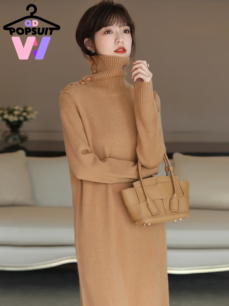 

New in autumn winter women Knit pullover long dersses Half open neck loose fitting sweater dress Elegant elegant women clothes