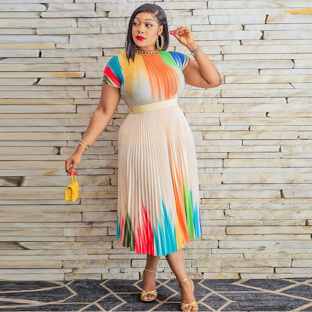 

MD Dashiki Print African Dresses Women 2023 Spring Pleated Maxi Robe Short Sleeve Gown Turkey Nigerian Lady Clothing Party Dress
