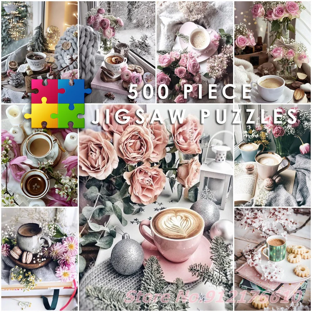 

Coffee Cup 500 Piece Jigsaw Puzzles Pink Rose Flowers Diy Puzzle Paper Creative Decompress Educational Toys for Kids Gifts