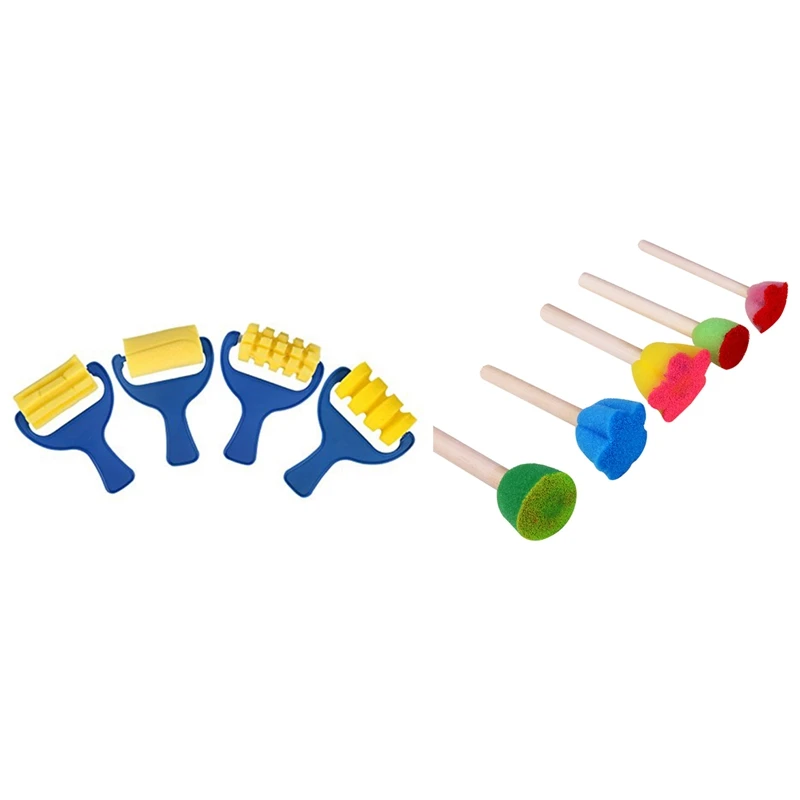 

4Pcs Sponge Paint Roller Brush & 5Pcs Sponge Paint Brushes Toys Wooden Handle Seal Sponge Brushes