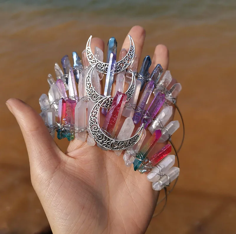 

Natural Crystal Wedding Bridal Jewelry Tiara Crescent Moon Ancient Handmade Crown Witch Hair Accessories