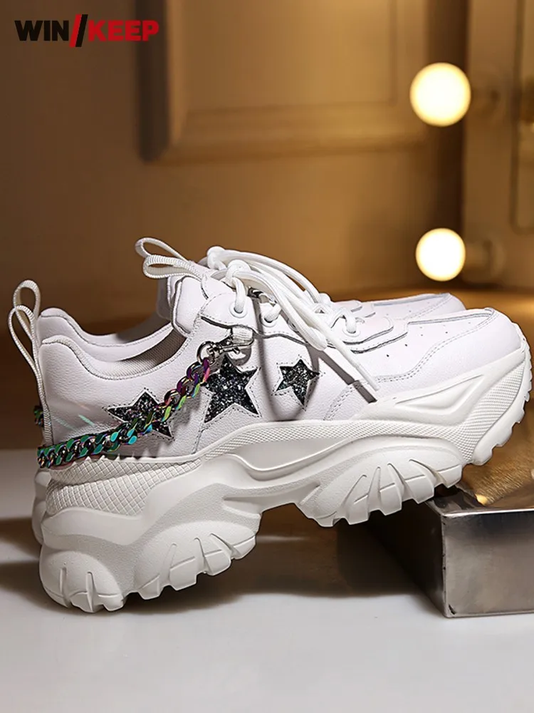 

New Designer Women Thick Platform Sneakers Outdoor Sport Running Shoes Chain Sequins Genuine Leather Shoes Sportswear Trainers