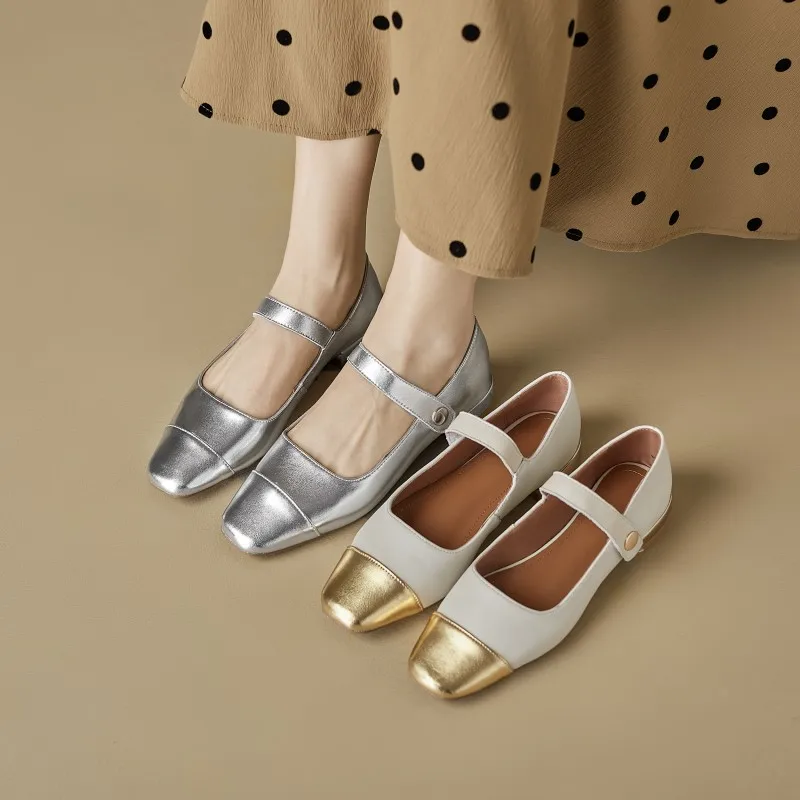 Jiovodo Genuine Cow Leather Slipon Loafers Mary Jane Gold Silver Dancing Flats Buckle Shoes Ladies Spring Fall Preppy Style Girl