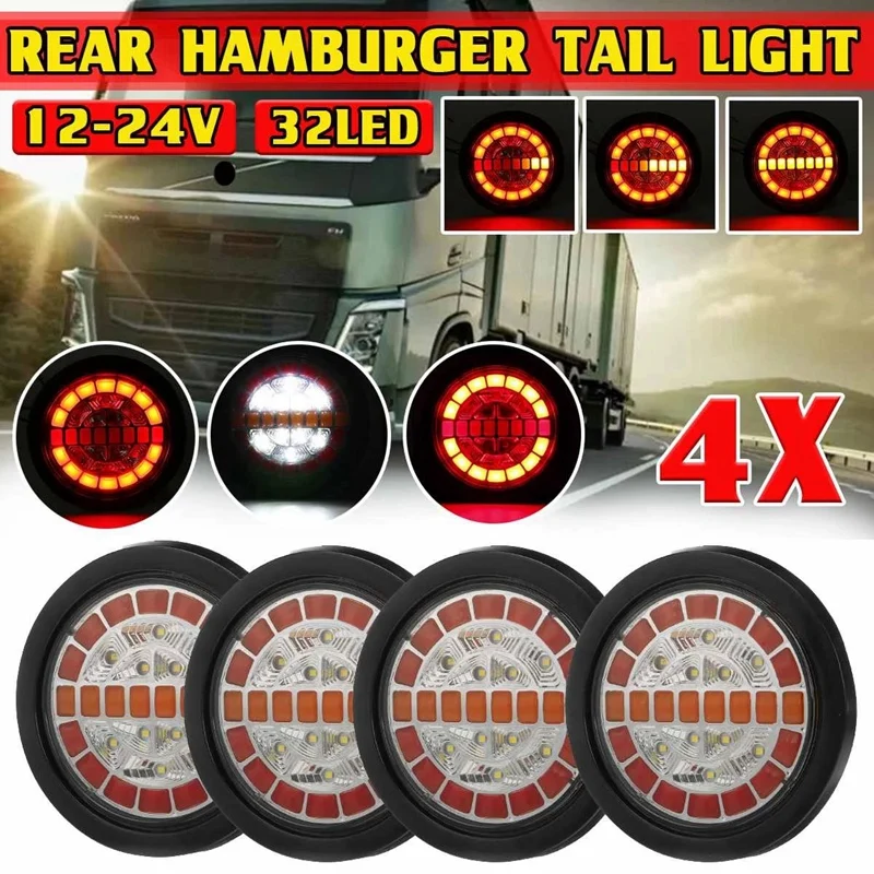 

4X Truck Trailer Dynamic Taillights 12-24V Round Reverse Tail Lights Tractor RV Van Sequential Turn Signal Lamp Blinker