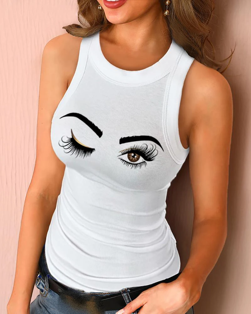 

Chicme Women Round Neck Sleeveless Casual Eyelash Print Casual Tank Top Summer Slim Fit Vest Tops Sexy Print T-Shirts