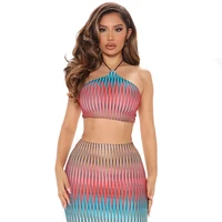 sexy knit geometric pattern 2 piece set women halter crop top sheath mini skirt suit 2022 summer female party club outfits