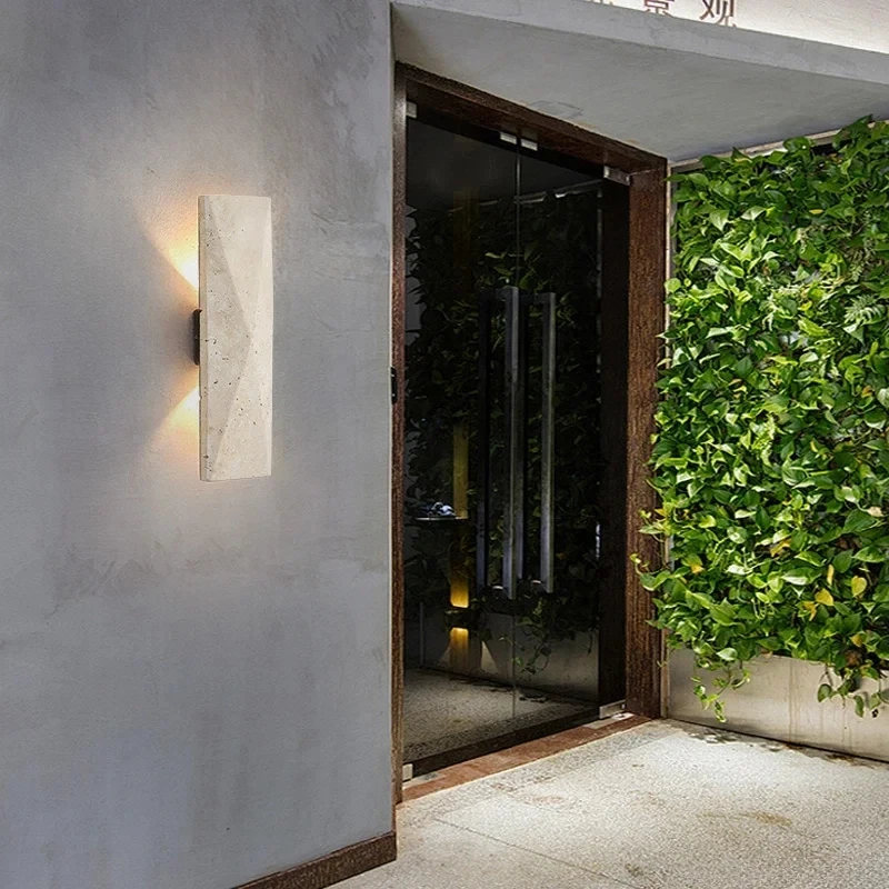 Фото Настенный светильник KK Indoor Stone Wall Lamp Wabi Sabi из желтого мрамора E27 LED для спальни, гостиной, прикроватной зоны, в японском стиле, для лестниц и коридоров, из травертина №3