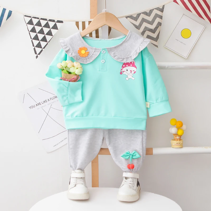 

Baby Girls Clothing Sets 2022 Spring Kids Casual Outfits Children Lace Cartoon Rabbit T Shirt Pants 2 Pieces Suit Infant Clothes