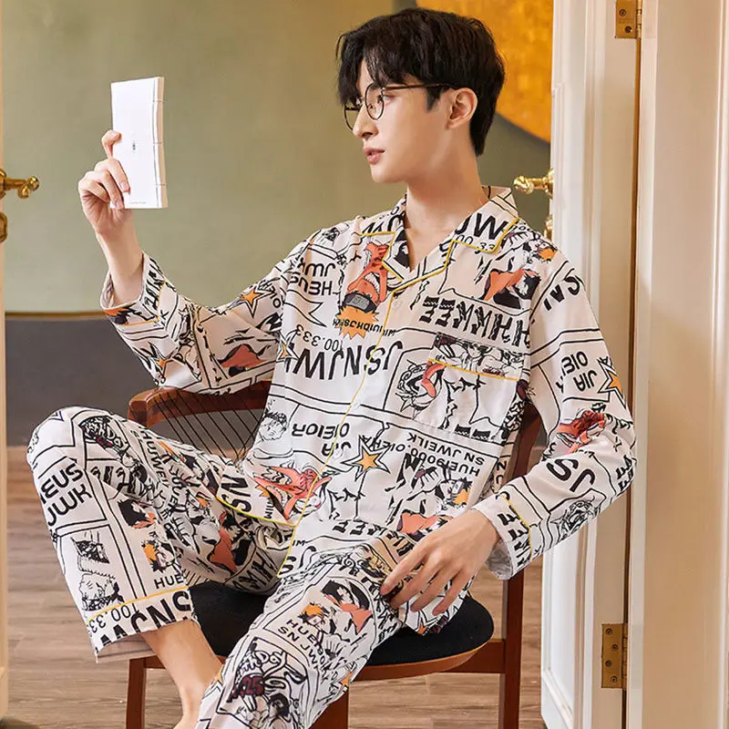Pajamas Men's New Spring and Autumn Ice Silk Summer Long Sleeve Youth Cartoon Thin Large Homewear Set