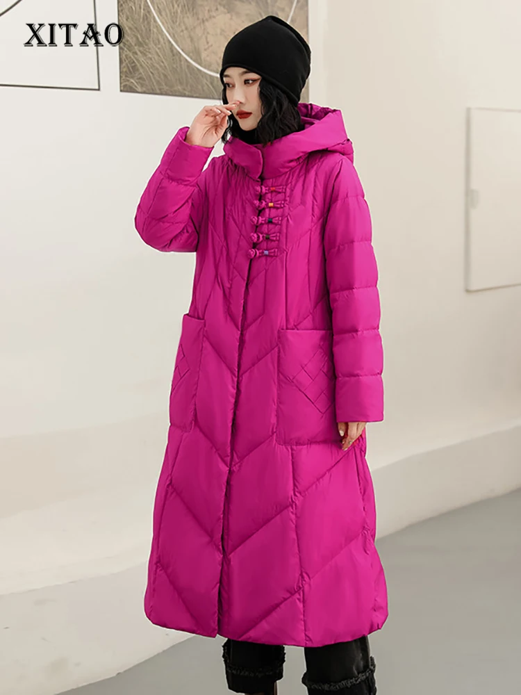 

XITAO, винтажное женское пуховое пальто, свободное, модное, одноцветное, с капюшоном, однобортное, с пряжкой, однотонное, теплое пальто SMH10209