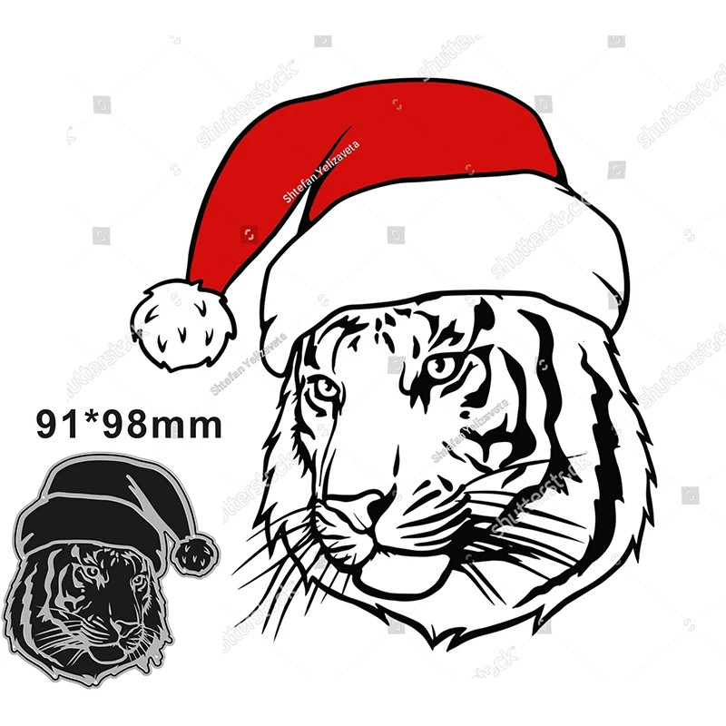 

2021 New Tiger Head Animal Christmas Hat Metal Cutting Dies for Scrapbooking Paper Craft Card Making Embossing Decor No Stamps