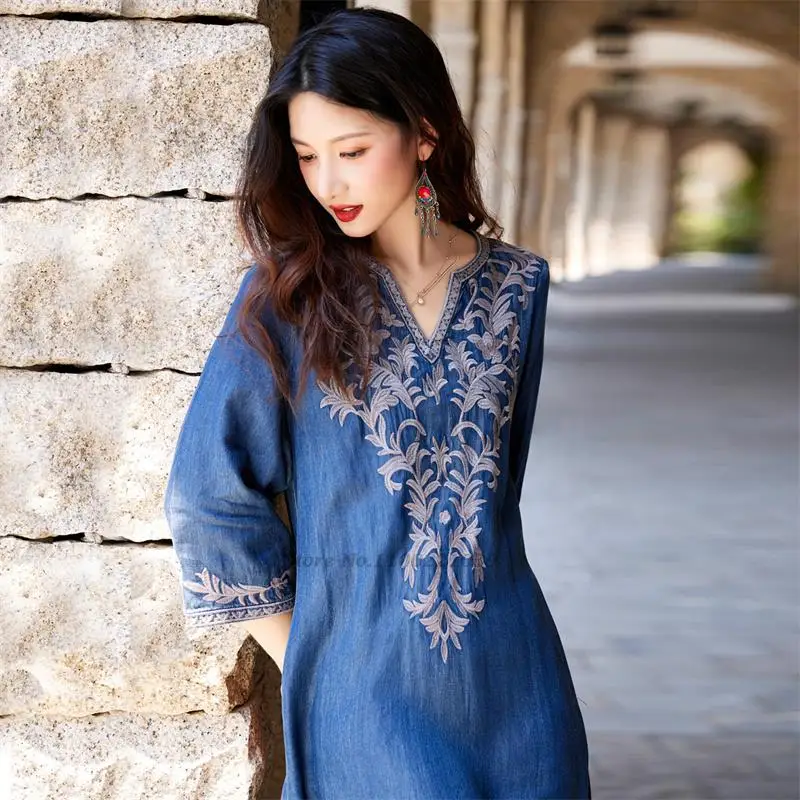 2023 chinese denim dress traditional national flower embroidery dress women oriental hanfu dress casual v-neck streetwear dress
