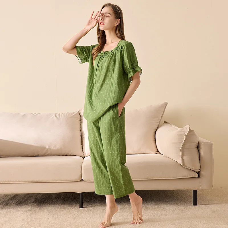 2022 New Summer Double Fiber 100% Cotton Pajamas Sets Women Homewear High Quality Short Sleeve Night Sleep Pants